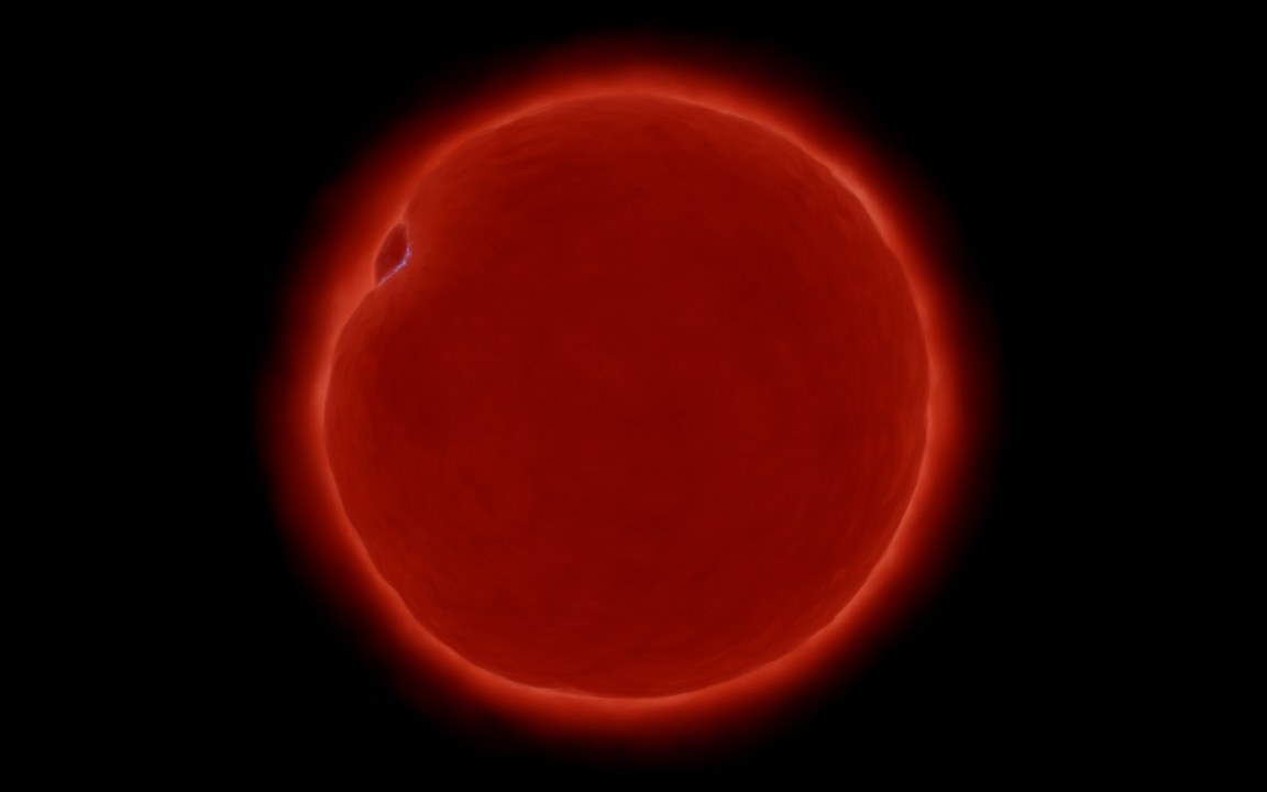 A dim, deep red star with a rough, mottled glow, an impression of a Thorne–Żytkow object seen from outside.