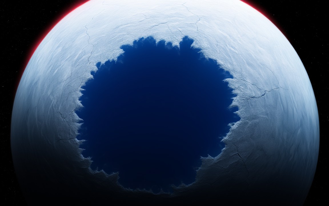 A frozen white planet with cracked ice and one round, jagged-edged patch of deep blue open ocean in the middle of its face, its rim touched with red light, an impression of an eyeball planet locked towards its red star.