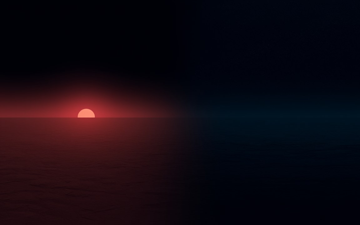 A dim red sun sitting on the horizon at the left, casting a red glow over a flat, bare plain, while the right half of the picture fades into dark blue night, an impression of the boundary between day and night on a tidally locked planet.