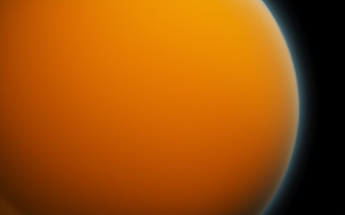 A smooth orange ball with no surface visible, edged by a thin pale blue haze against black space, an impression of Titan wrapped in its thick atmosphere.
