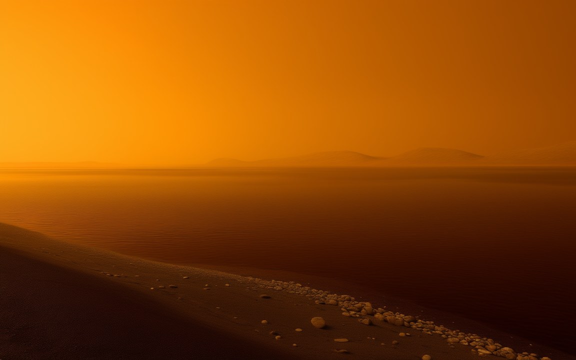 A dark, still sea stretching to the horizon under a thick orange sky, with a shore of pale pebbles in the foreground, an impression of the shore of a methane sea on Titan.