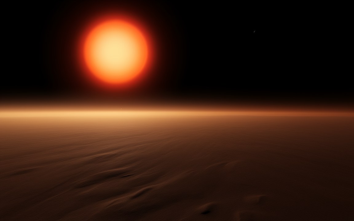 A dusty brown plain stretching to a flat horizon under a large orange star, an impression of the surface of TOI-700 d.