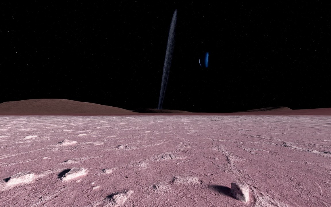 A rough, pale pink plain of frost and scattered ice blocks under a black, starry sky, a thin grey plume rising from beyond low hills and a small blue crescent of Neptune, an impression of a geyser on Triton.