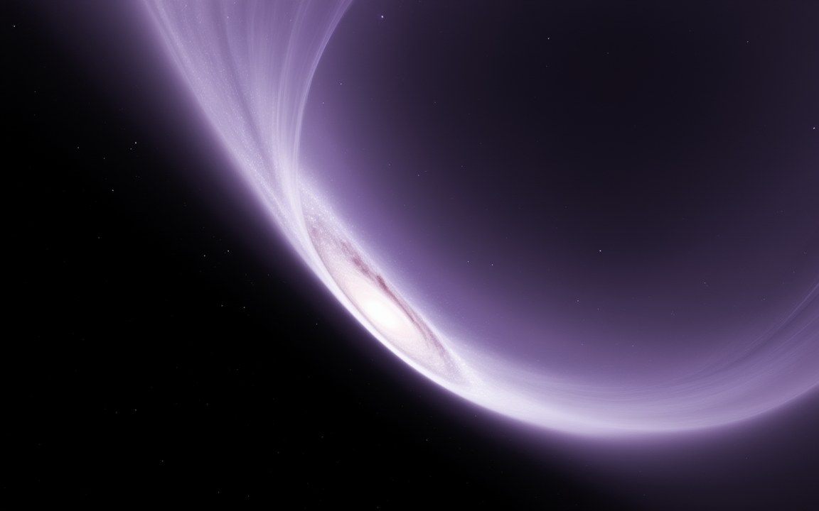 A curved wall of pale violet light sweeping across space and swallowing a galaxy at its edge, an impression of a bubble of vacuum decay.