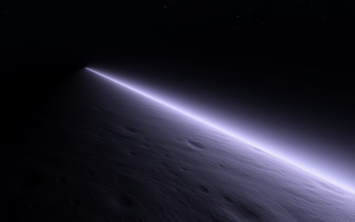 A straight, thin line of violet light approaching across a grey cratered surface, an impression of the edge of a vacuum decay bubble.