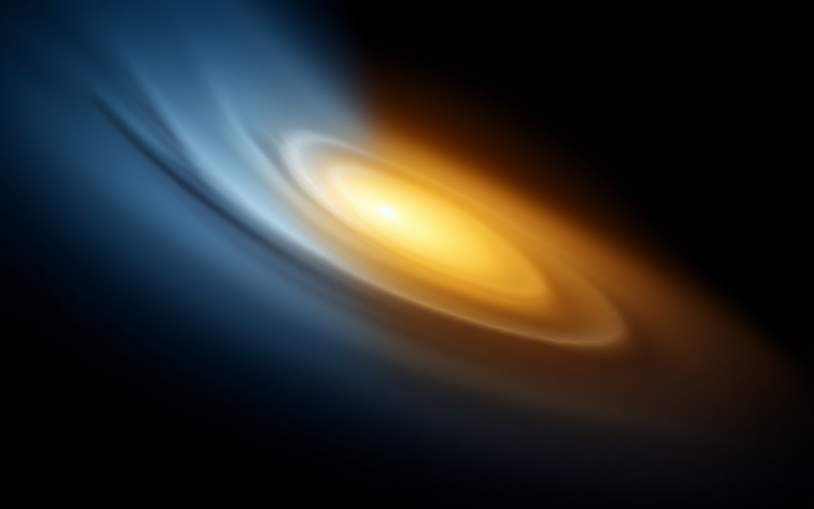 A spiral galaxy whose outer part glows cold blue while its centre and one side shine warm gold, an impression of self-copying probes spreading through a galaxy.