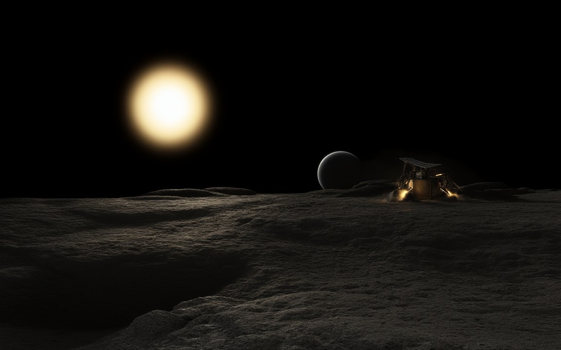 A small machine on the dark rocky surface of an asteroid under a bright sun, with a planet low on the horizon, an impression of a self-copying von Neumann probe at work.