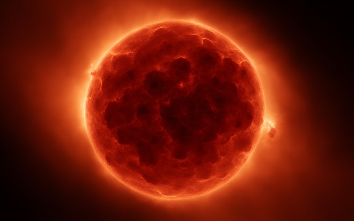 A vast, dark red star with a lumpy, boiling surface and a glowing orange haze around it, an impression of VY Canis Majoris.