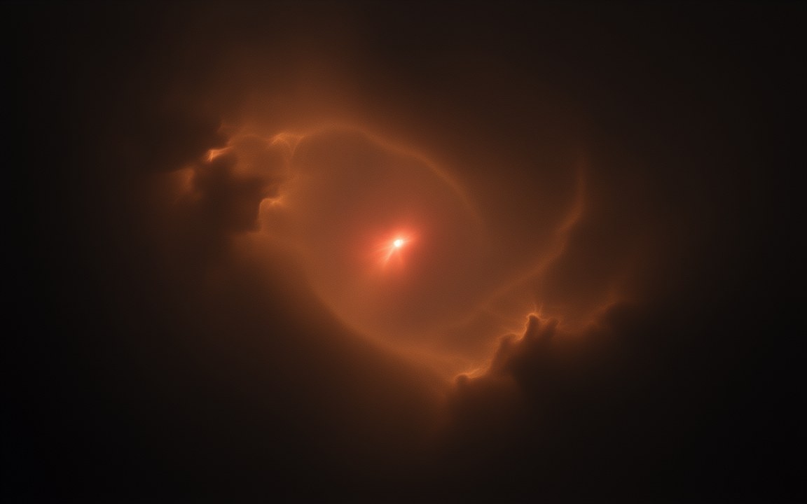 A bright red point of light inside an irregular cloud of orange dust with curling arcs and knots, an impression of VY Canis Majoris and its nebula.