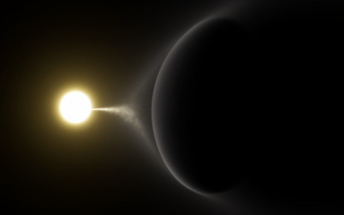 A dark planet with a glowing outline, a stream of gas pulled from it towards a bright star on the left, an impression of WASP-12b.