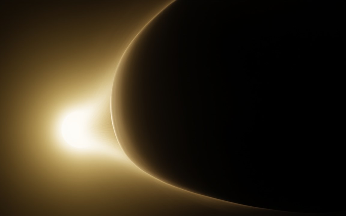 A huge dark planet curving around a bright star whose glow lights its stretched outer edge, an impression of WASP-12b.