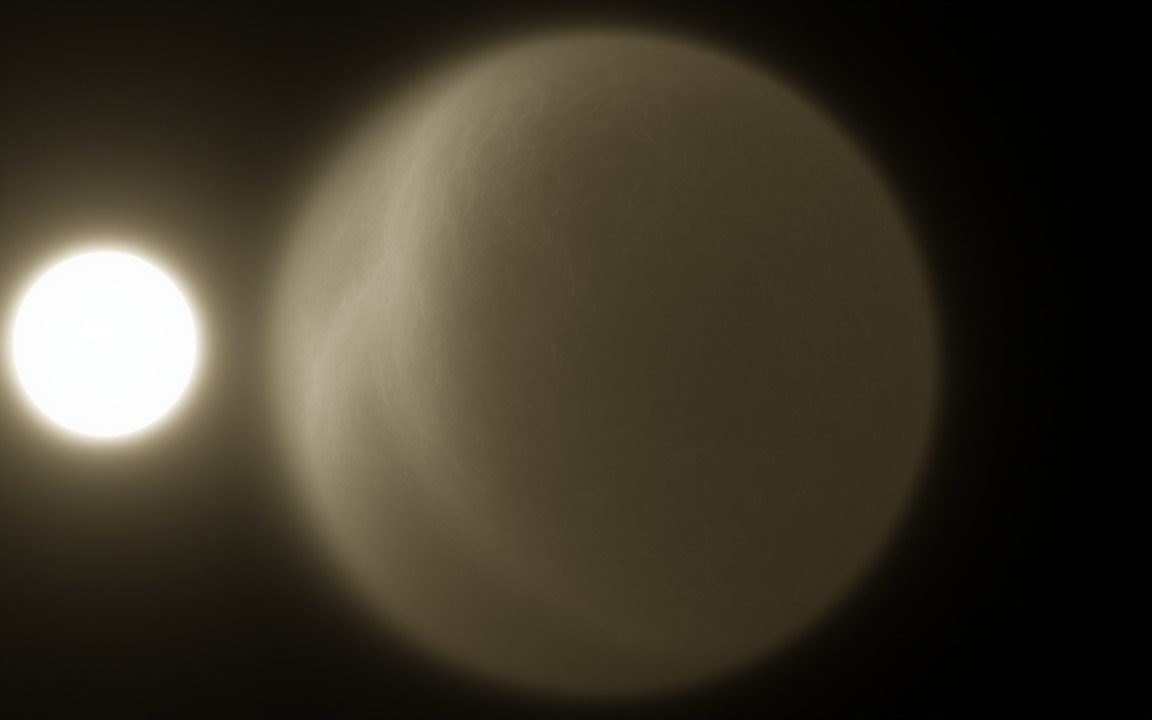 A brilliant white star on the left and a huge, pale, hazy planet beside it, an impression of the swollen gas giant WASP-17b close to its hot star.