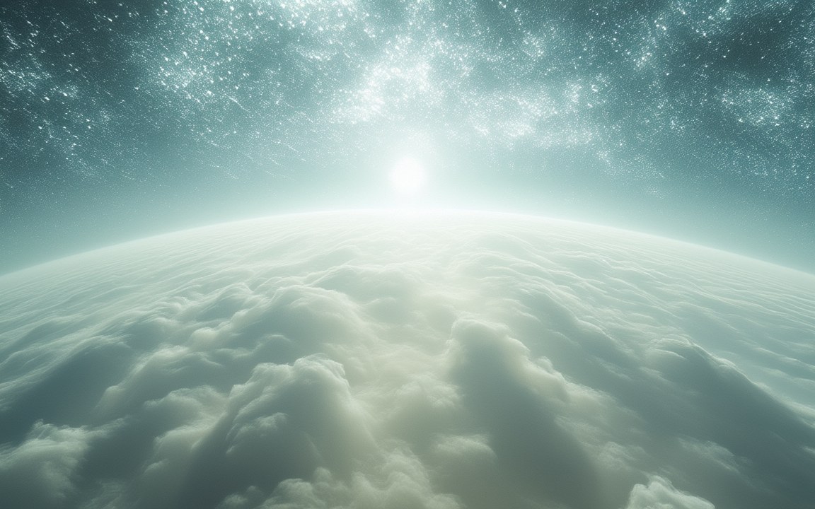 A sea of pale clouds stretching to a curved horizon under a misty, glittering sky, with a white-hot star glaring through the haze, an impression of the quartz-crystal clouds of WASP-17b.