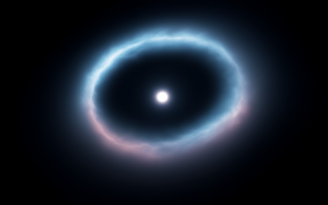 A small, brilliant white star at the centre of a glowing blue and pink ring of gas, an impression of a white dwarf inside its planetary nebula.