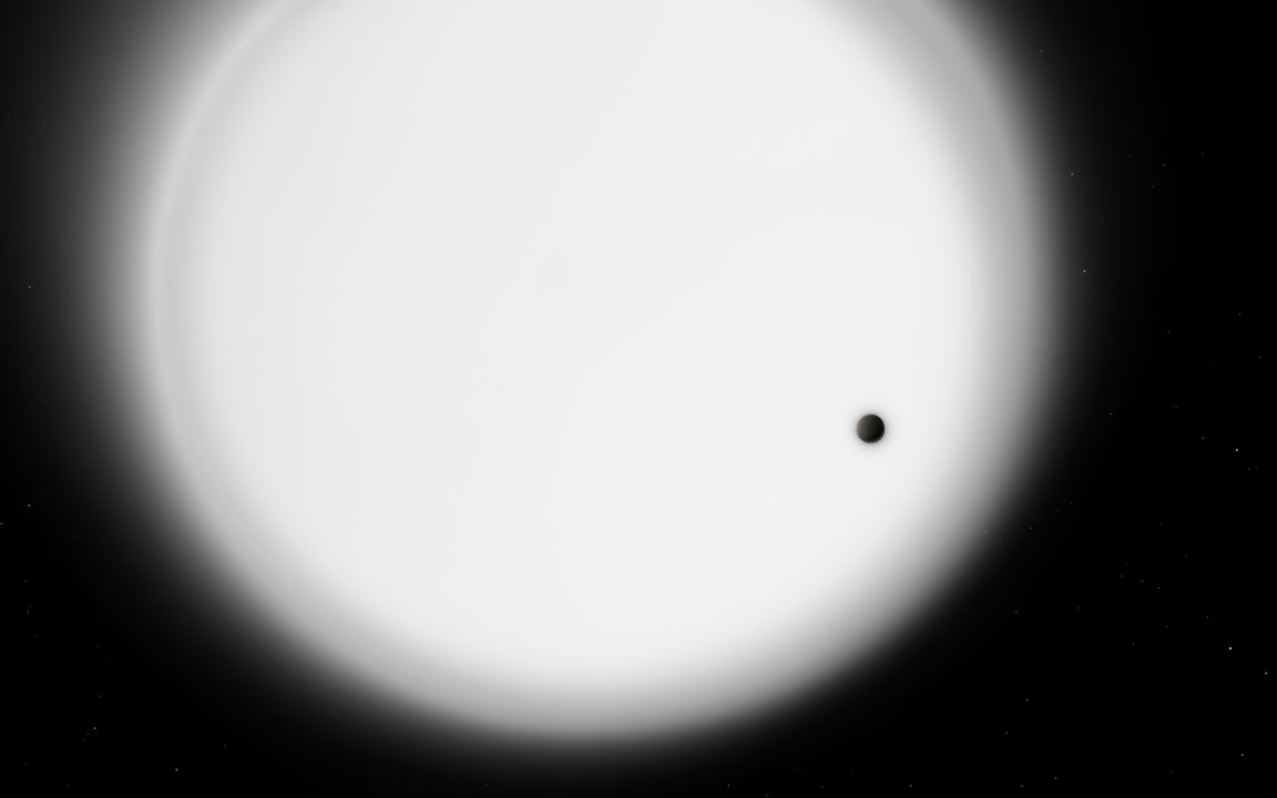 A brilliant white glowing sphere with a small dark planet passing in front of it, an impression of a white dwarf.
