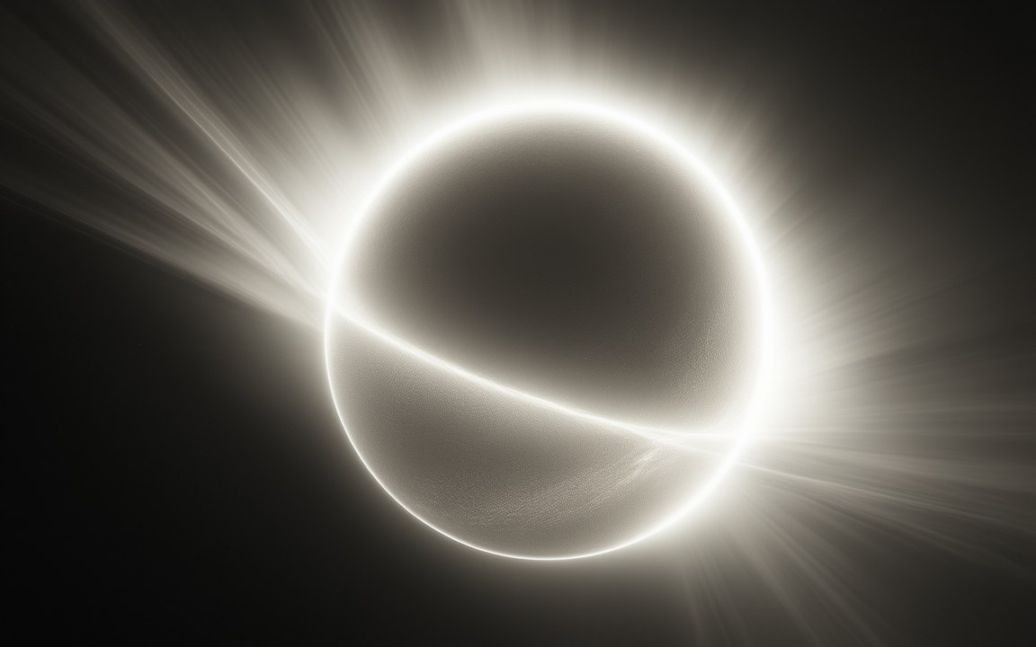 A blazing white ring with streams of light pouring outwards from it in every direction, an impression of a white hole.