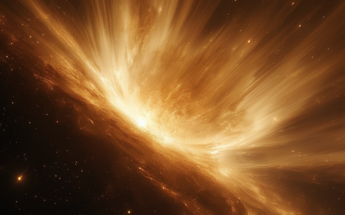 A violent burst of golden light and matter exploding outwards from a single point against a starfield, an impression of a white hole erupting.