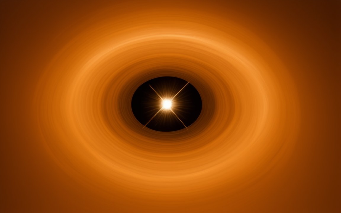 A bright star with sharp light spikes at the centre of many faint, nested orange rings of dust, an impression of the Wolf–Rayet star WR 140.