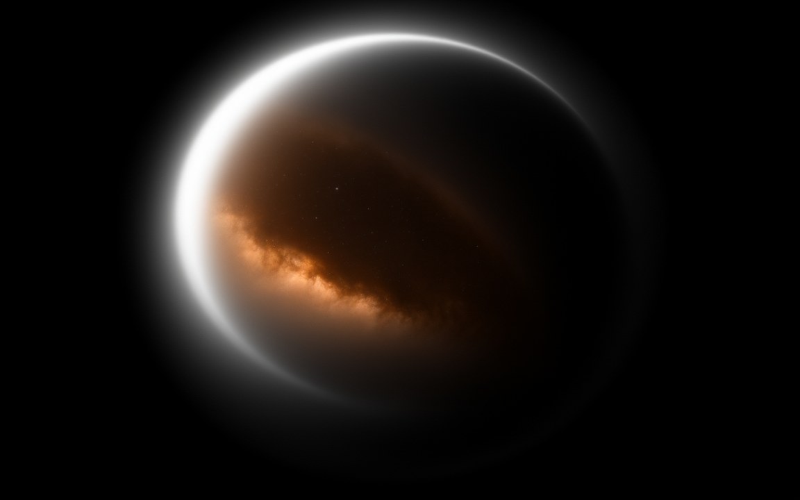 A sphere outlined by a bright white rim, with a band of orange starry sky visible inside it, an impression of a wormhole.
