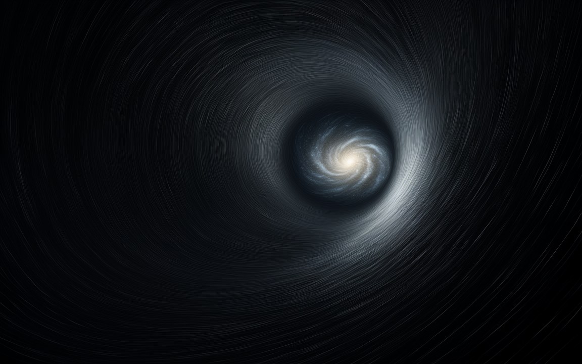 Streaks of light spiralling into a funnel with a bright spiral galaxy at its centre, an impression of looking into a wormhole.