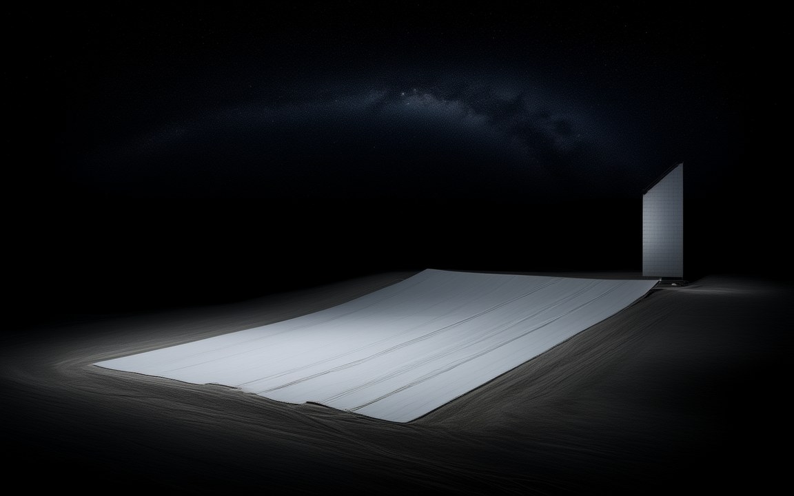 A wide, flat metal reflector stretching across dark ground towards a tall flat metal screen, under a night sky, an impression of the Big Ear radio telescope that recorded the Wow! signal.