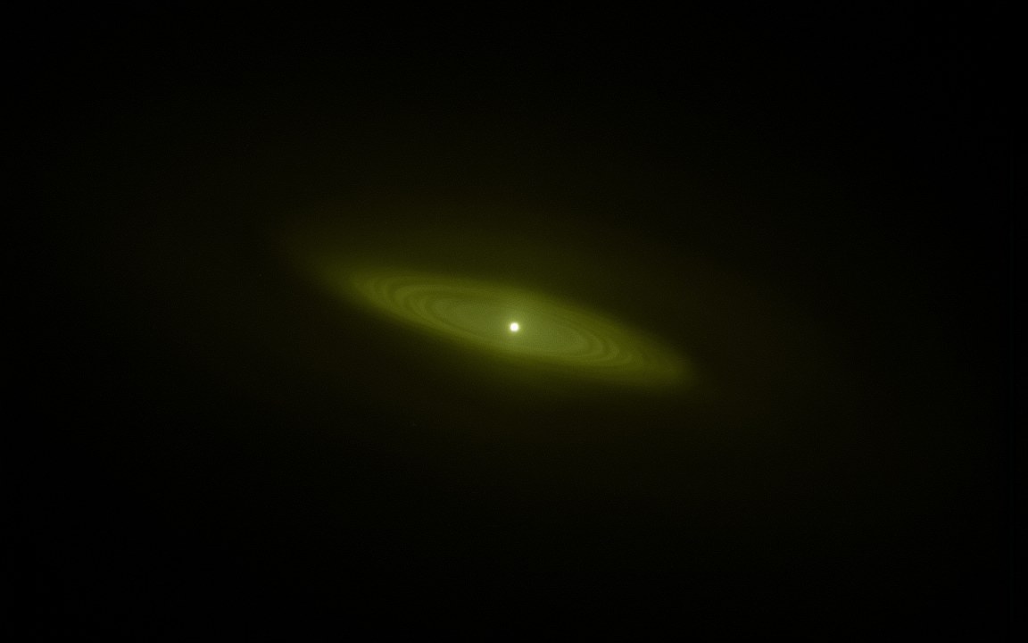 A single bright point inside faint green rings spreading out across a dark sky, an impression of the Wow! signal reaching Earth from the direction of Sagittarius.